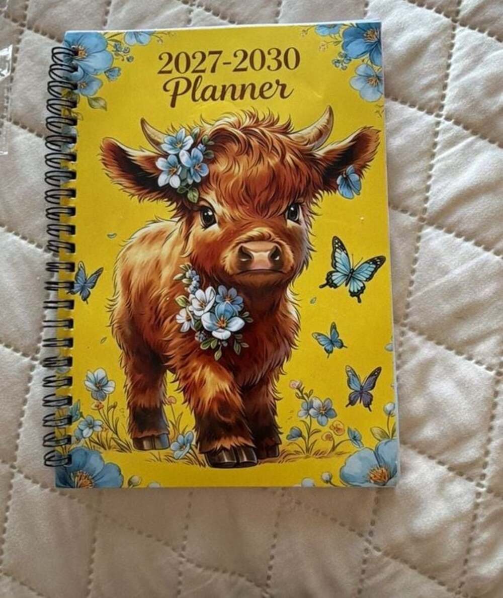 2027-2030 Highland Cow and Butterfly Floral Spiral Planner